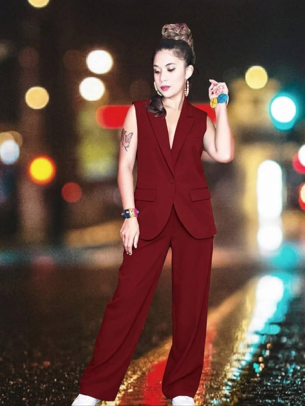 2pcs Sleeveless Burgundy Vest And Matching Pants Set